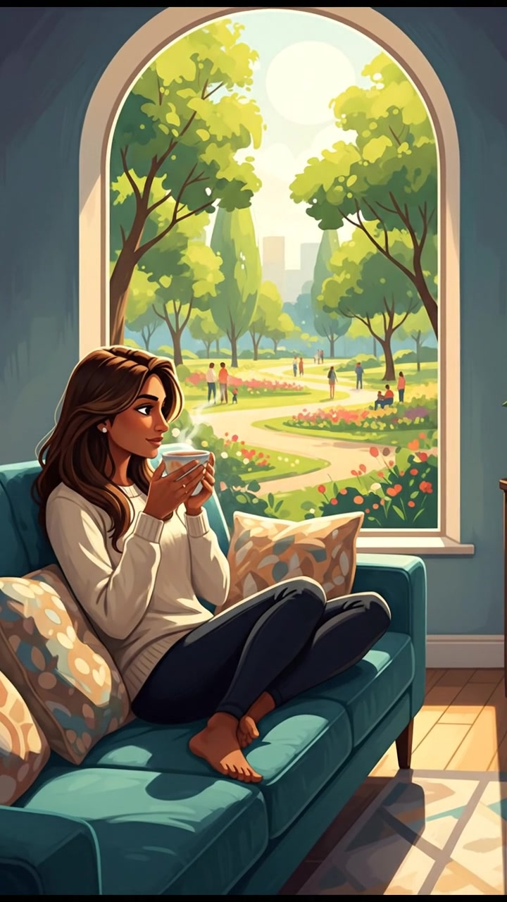 Priya relaxing on a couch with a cup of tea, looking out a window at a sunny park.