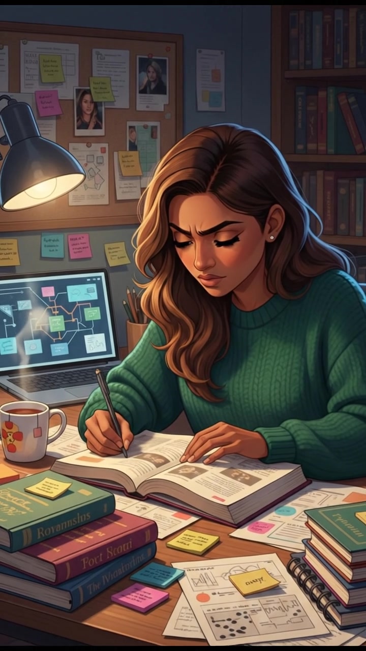 A close-up of the Priya sitting at a desk, surrounded by notes and textbooks, with a focused expression.