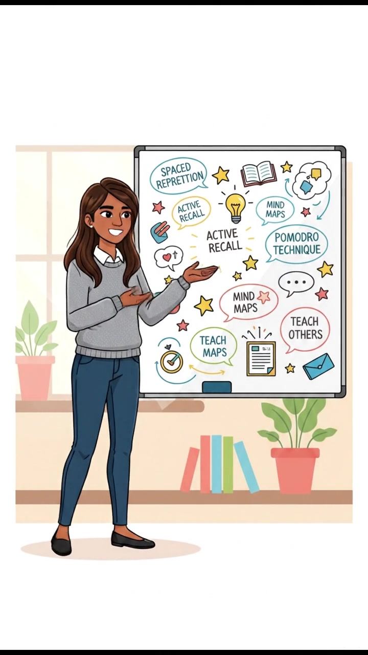 Priya stands in front of a whiteboard filled with colorful study tips, gesturing towards it.