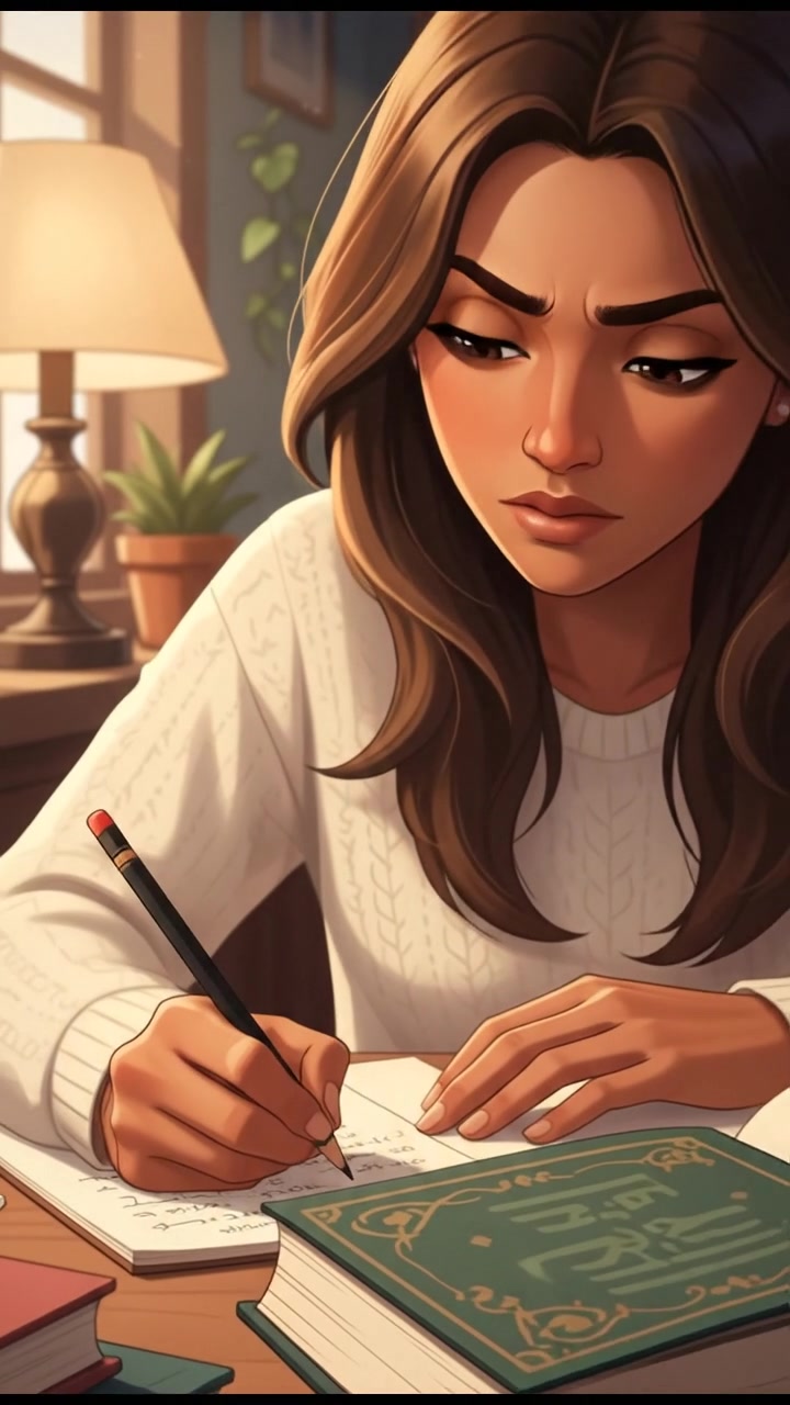 A close-up of the Priya taking notes with a pencil, focusing intently on a book in front of her.