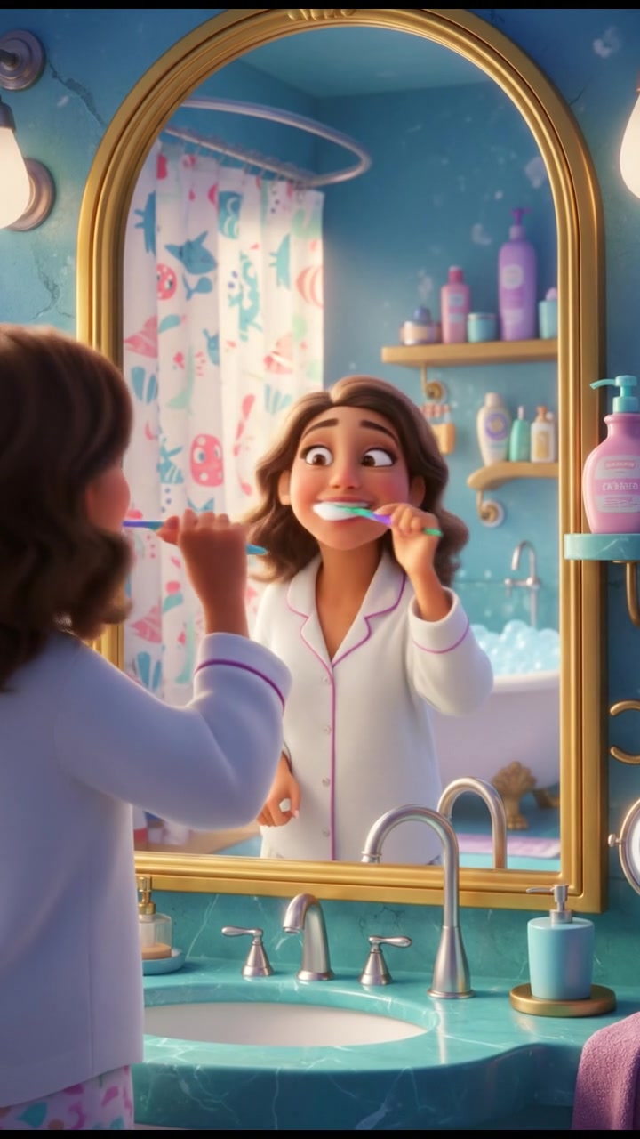 Laila standing in front of a bathroom mirror, brushing her teeth with a colorful toothbrush.