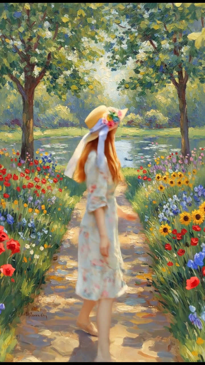 Emma strolling happily through a sunlit park filled with trees and colorful flowers.