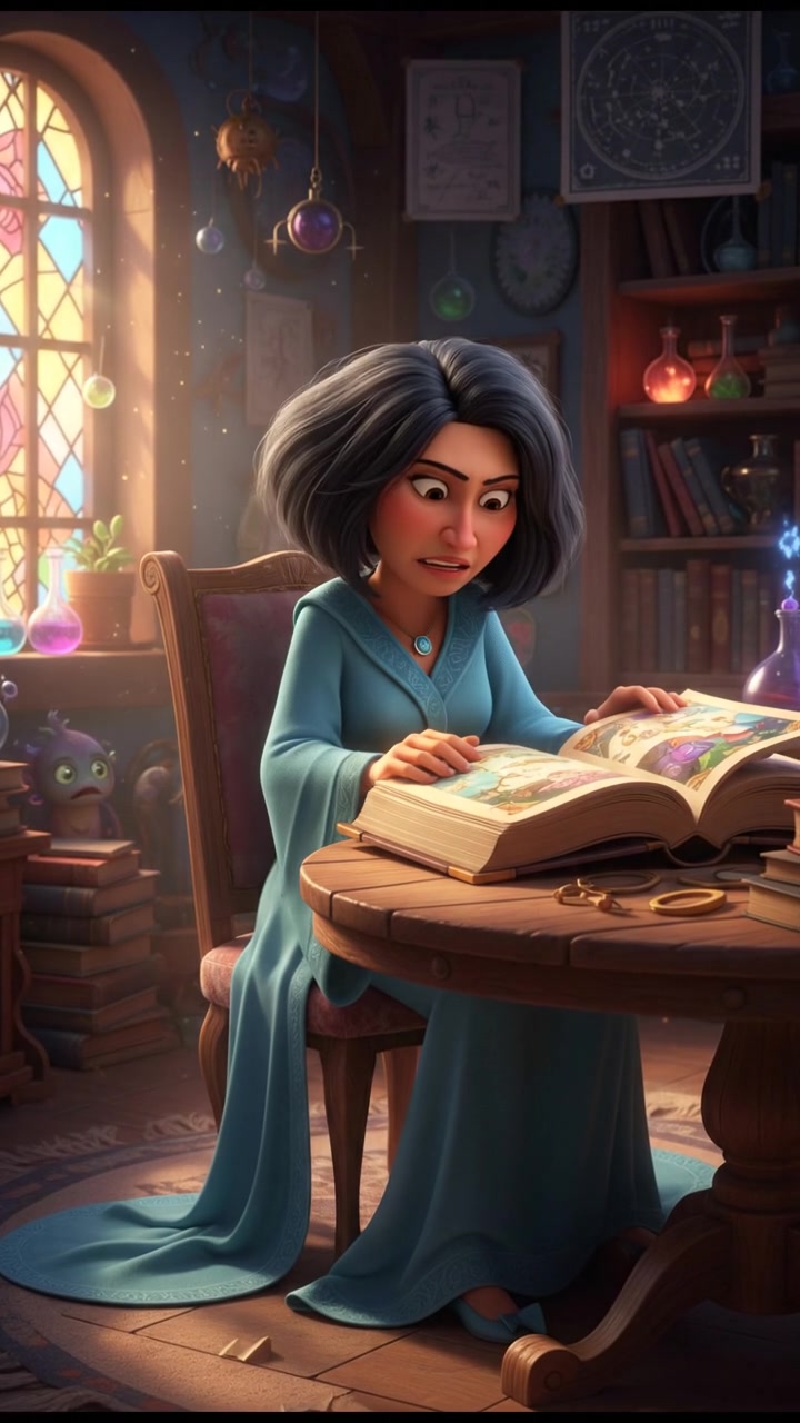 Li sitting at a wooden table, an open book in front of her as she sighs heavily.