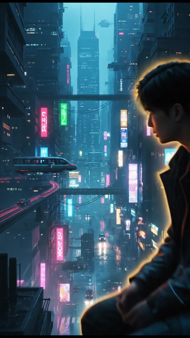 A city skyline at dusk with Ken perched on a rooftop watching below.