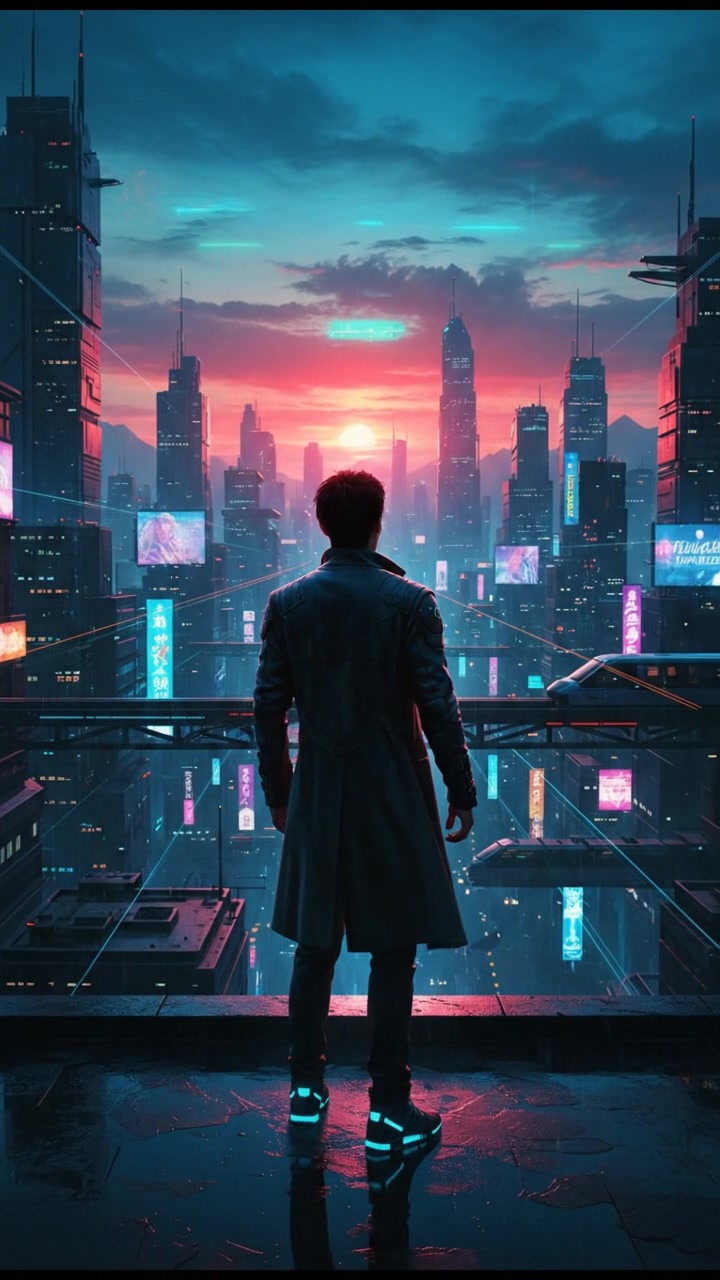 A cityscape during sunset, Ken standing strong, overlooking the horizon.