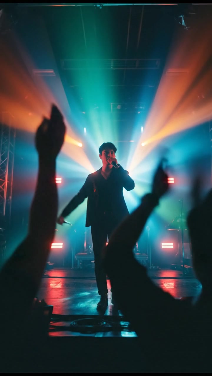 Ken stands confidently on stage with a microphone, colorful lights flashing around him during a live performance.