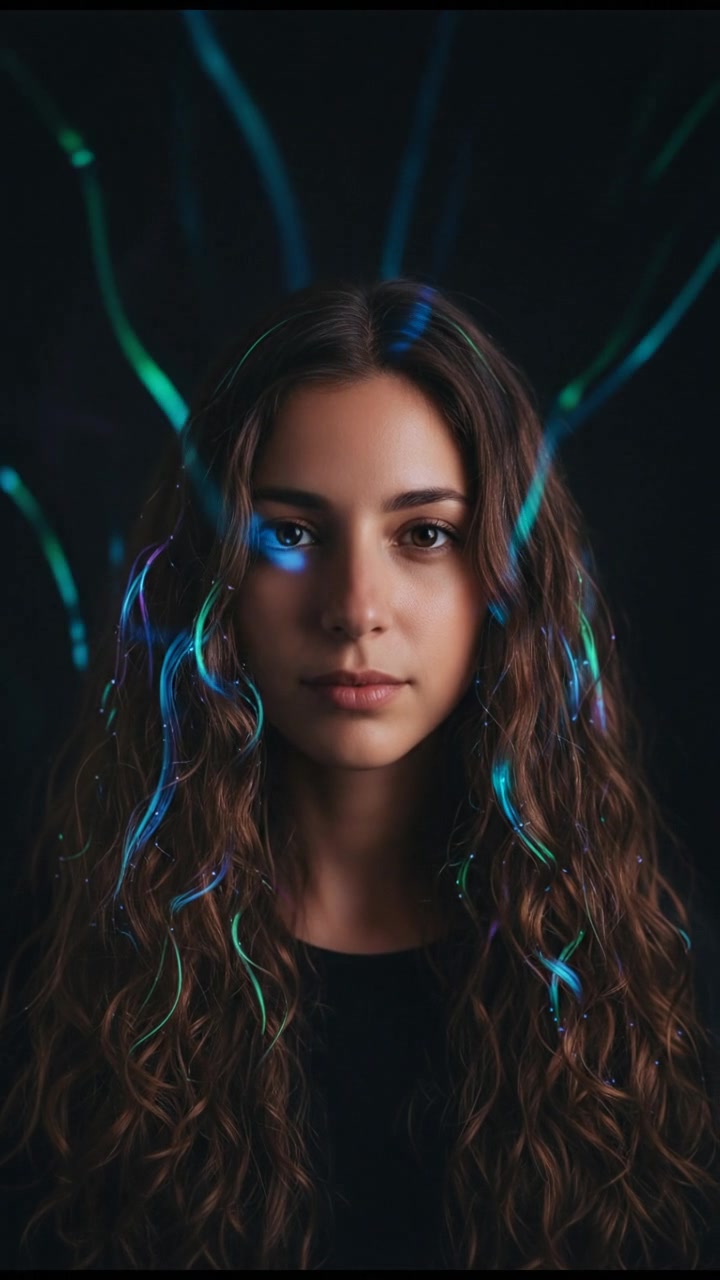 A close-up shot of Maya's hair, light reflecting off her loose curls, set against a softly blurred background.