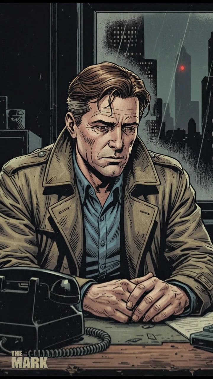 The Mark sitting at the desk with his hands resting on the phone, looking pensive.