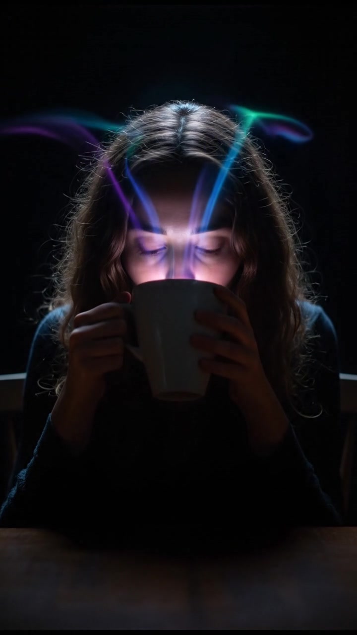 A close-up of Maya sitting at a table, staring tiredly at her coffee cup.