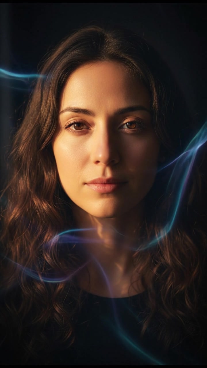 A close-up of Maya's face, with sunlight streaming in through the window, highlighting her natural beauty.