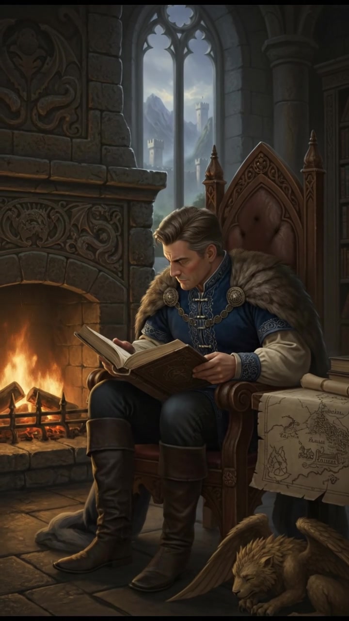 Mark sitting in a cozy chair by a fireplace, reading a book with an attentive expression.