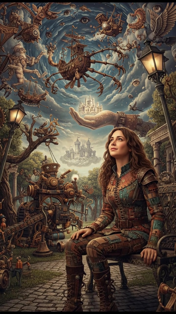 The Maya sitting on a bench in a park, looking hopeful as she gazes at the sky.