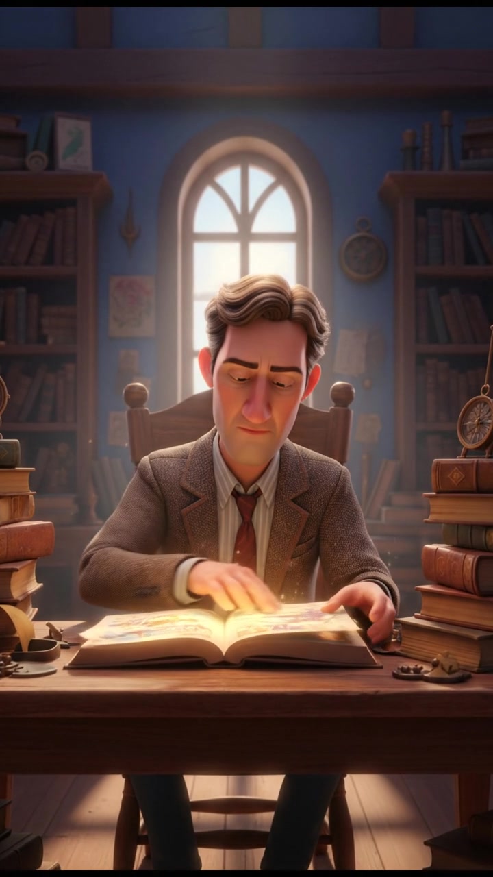 The Mark sitting at a wooden desk, surrounded by several books, looking thoughtfully at an open book.