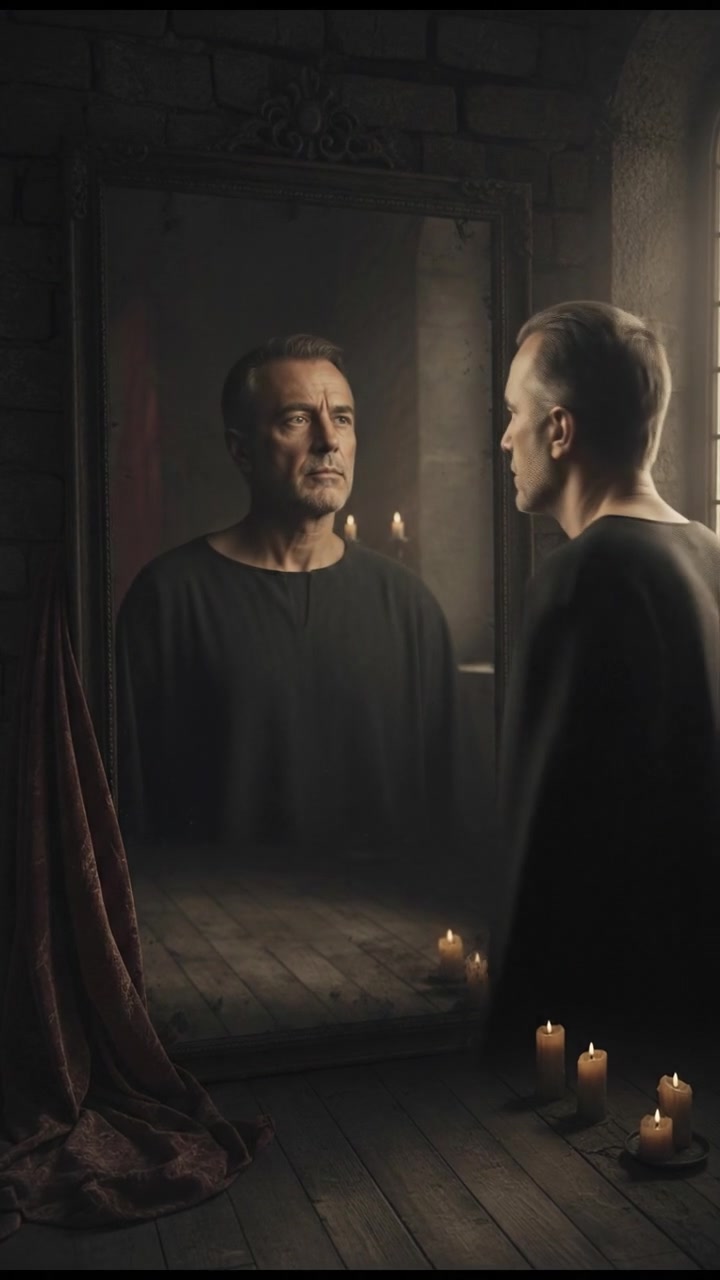 The Omar standing before a mirror, examining his reflection with a thoughtful expression.