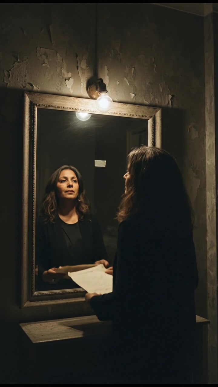 Asha standing in front of the mirror with a piece of paper, preparing to cover it.