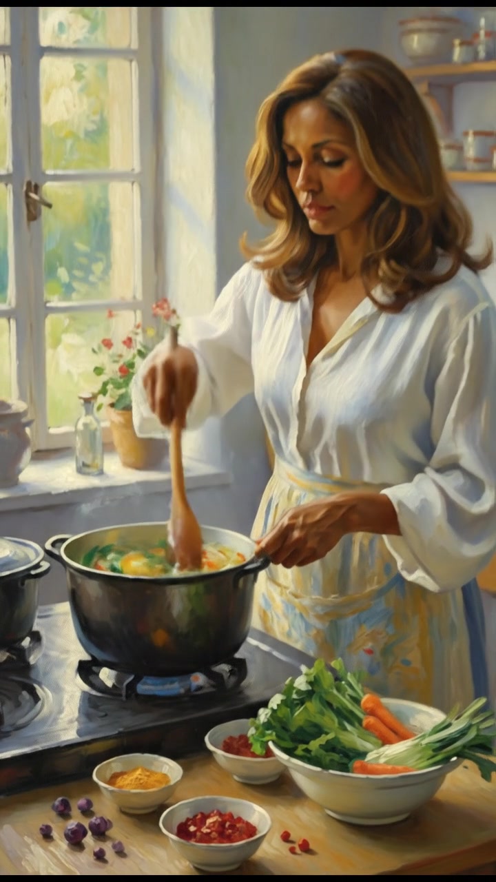 Monique cooking in the kitchen, stirring a pot on the stove with ingredients nearby.