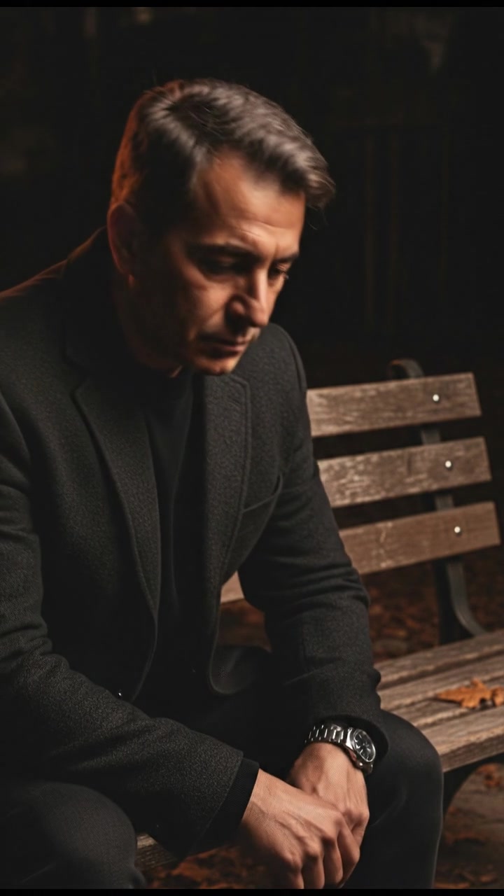 A close-up of the Omar sitting on a park bench, looking pensively at the ground.