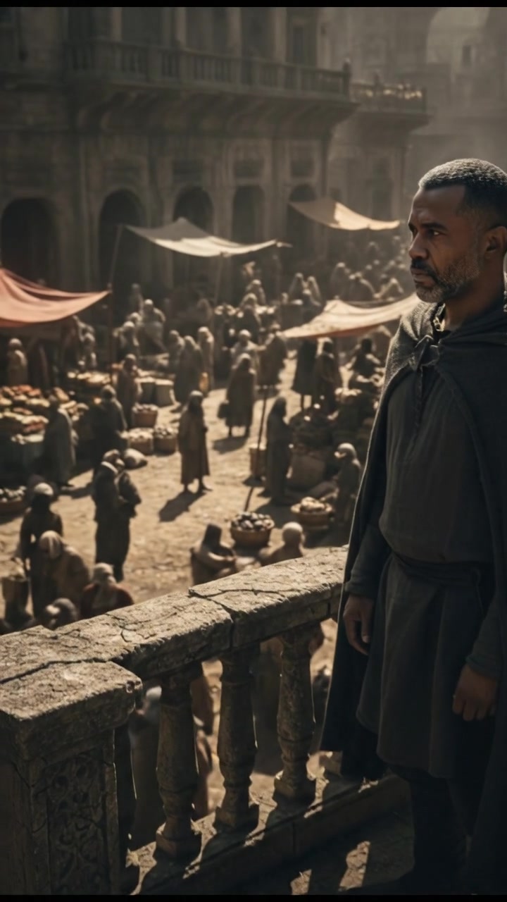 Kwame standing on a grand balcony, looking over a crowded marketplace filled with people.