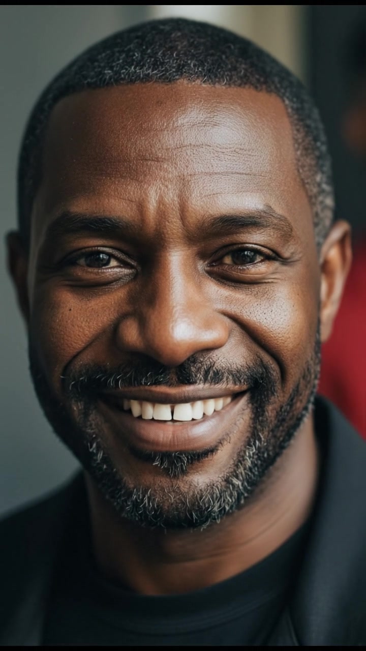 A close-up of Kwame's face with a gentle smile, reflecting the admiration from the people around him.