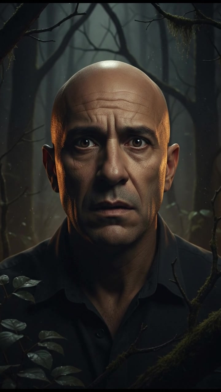 A close-up of Carlos's worried face, eyes wide, surrounded by a dark forest backdrop.