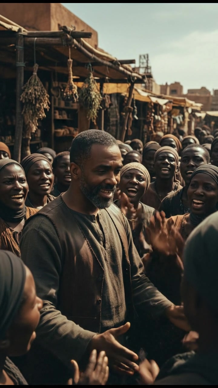 Kwame stands in a crowded market, surrounded by people who are looking at him with admiration.