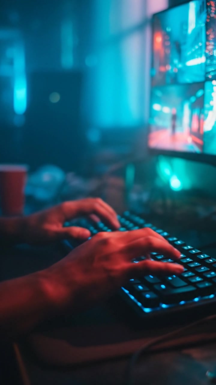 A close-up of the Arjun's hands typing rapidly on a keyboard with video clips on the screen.