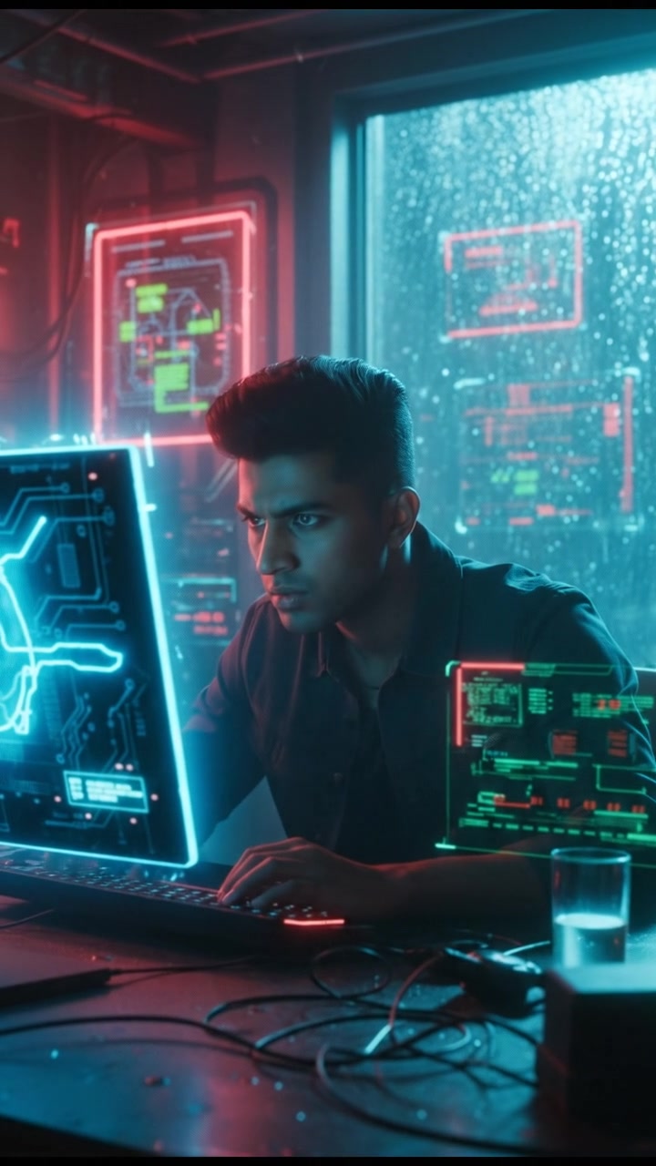 The Arjun at a desk staring at a computer screen with determination, ready to overcome challenges ahead.