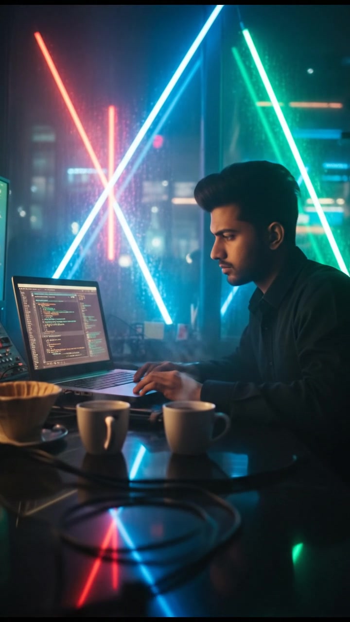 The Arjun at a desk with two cups of coffee, reading through video editing tutorials.
