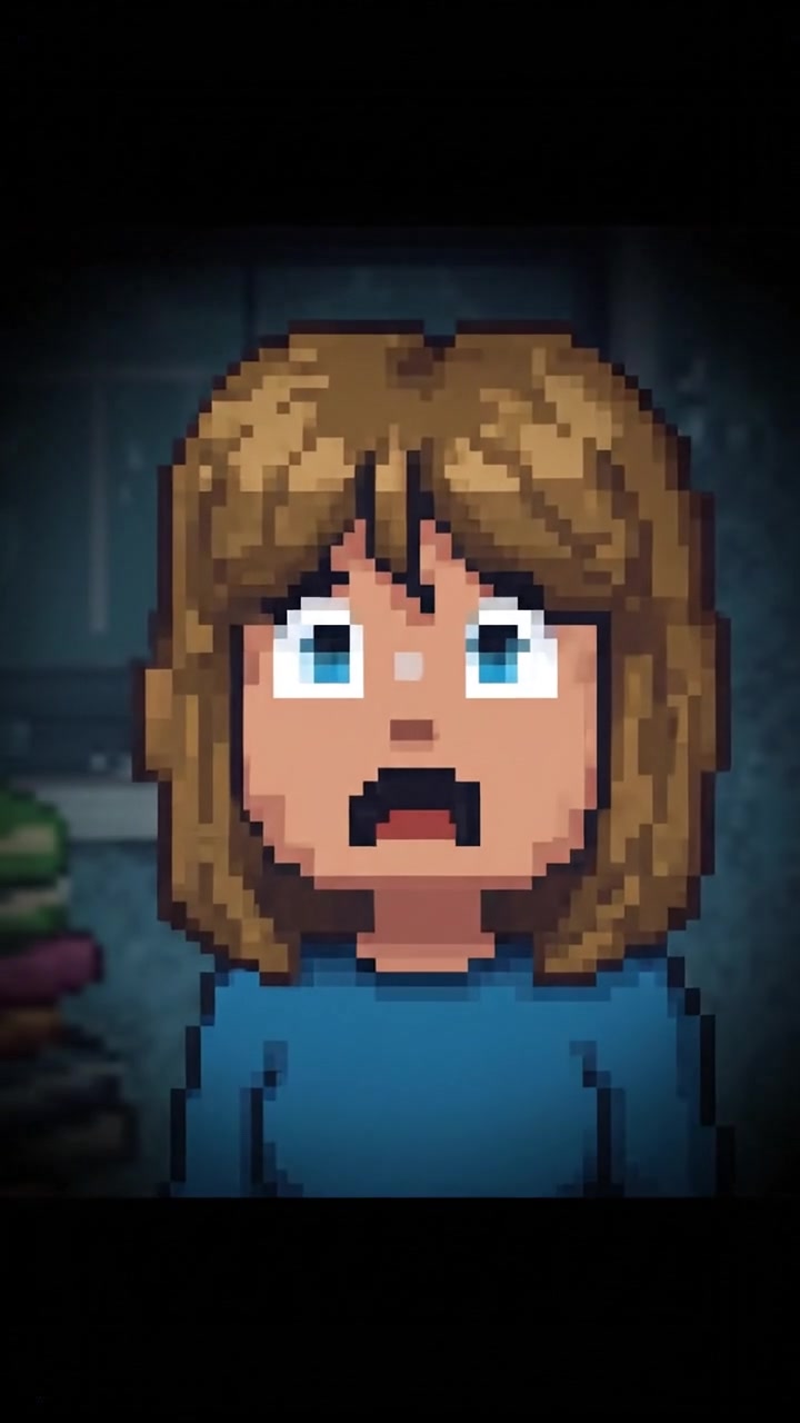 Ashley with wide eyes and an expression of panic, standing in a dimly lit room with cluttered furniture.