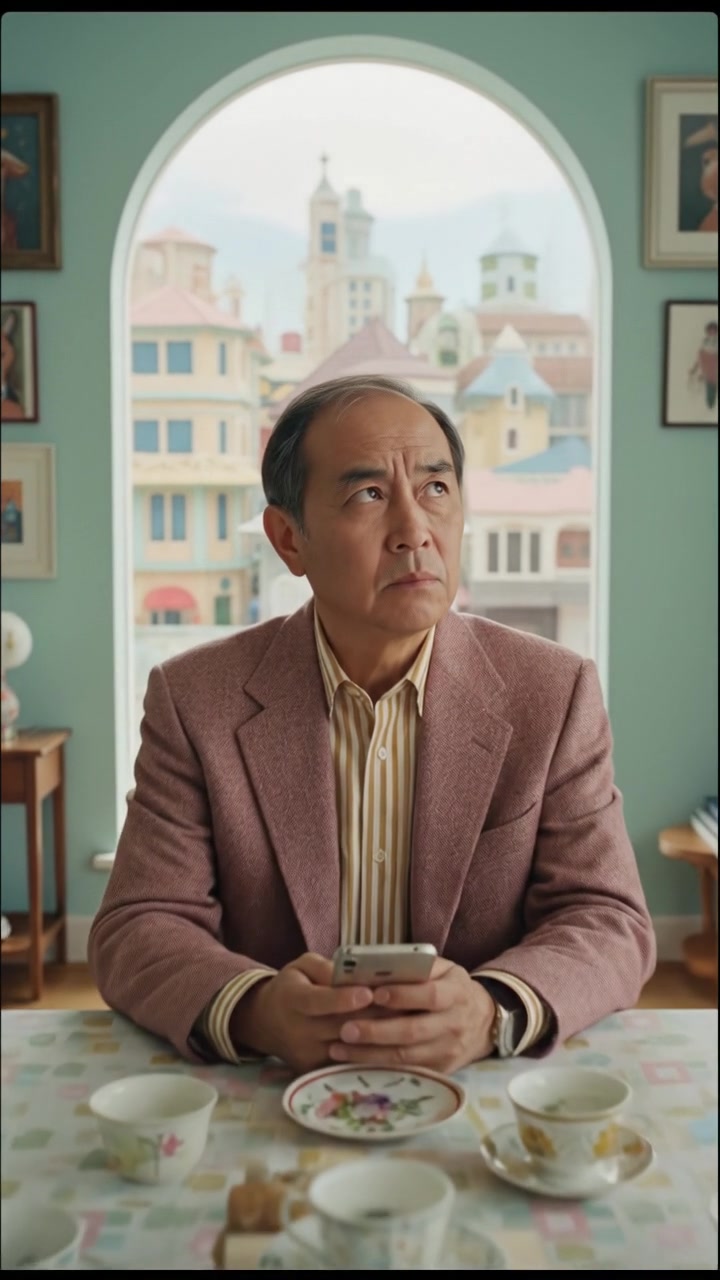 Hiro sitting at a dining table, holding his phone with a thoughtful expression.