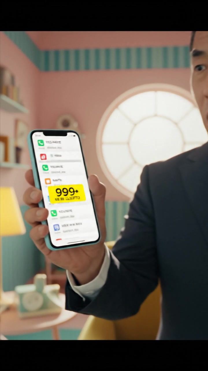 A close-up of Hiro with a surprised expression, looking at his phone as notifications ring continuously.