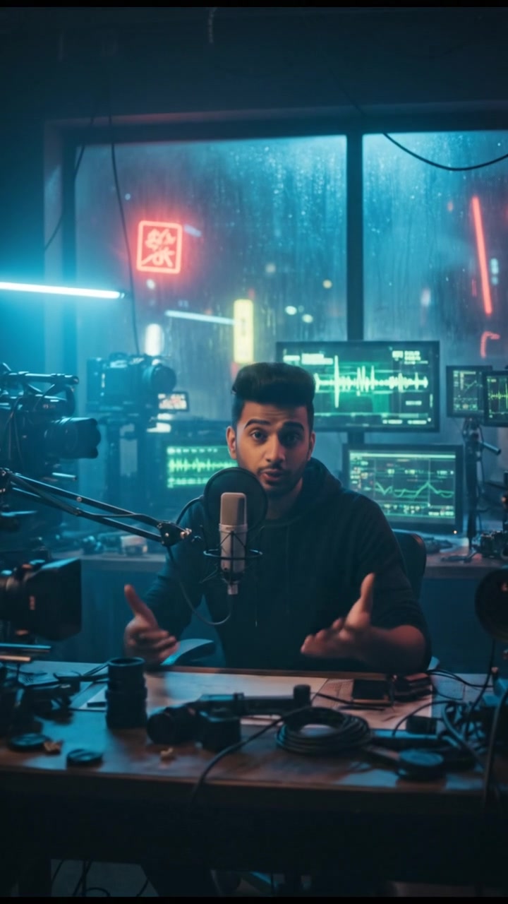The Arjun sitting at a desk, surrounded by camera equipment and a microphone, speaking into the camera.