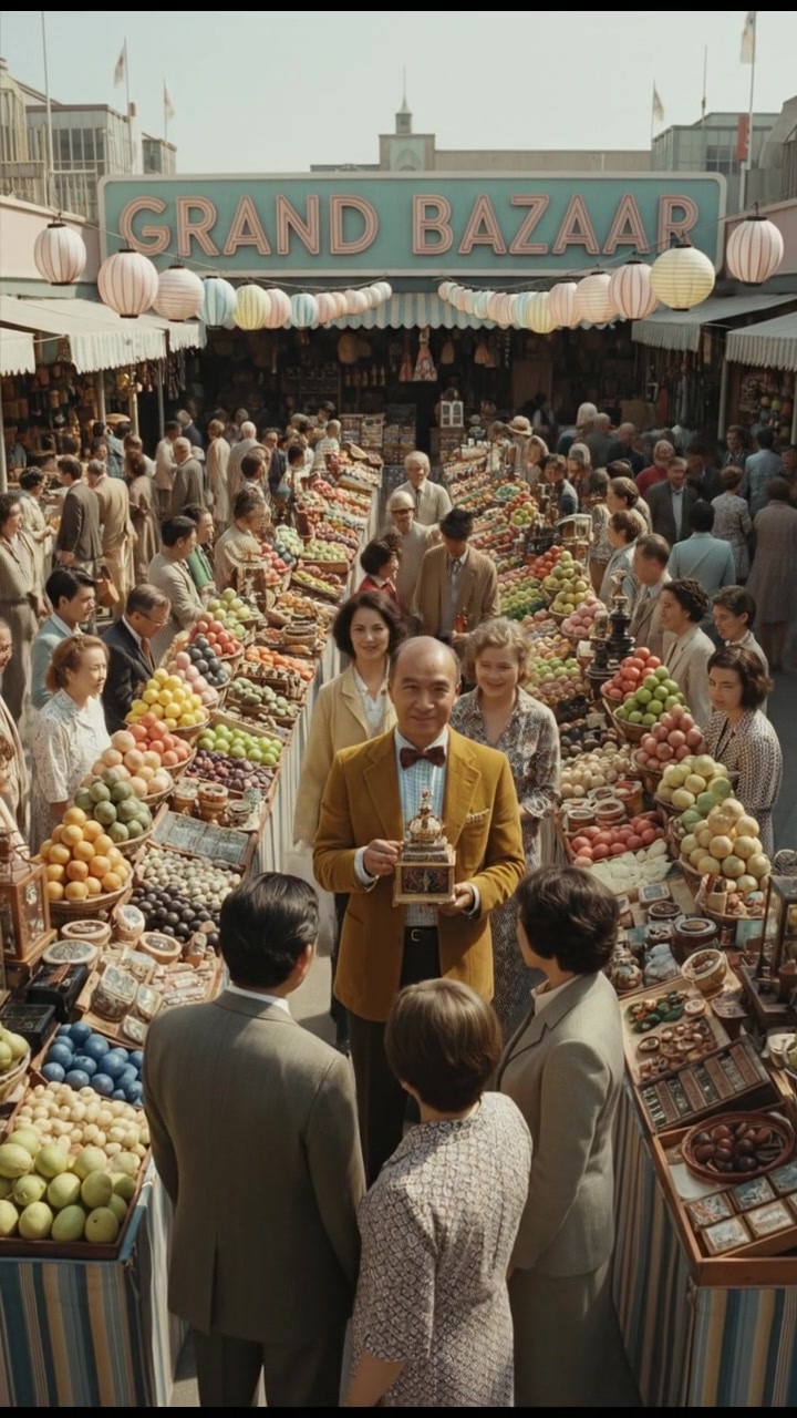 A bustling marketplace scene with vendors selling goods, showcasing a variety of products on colorful stalls.