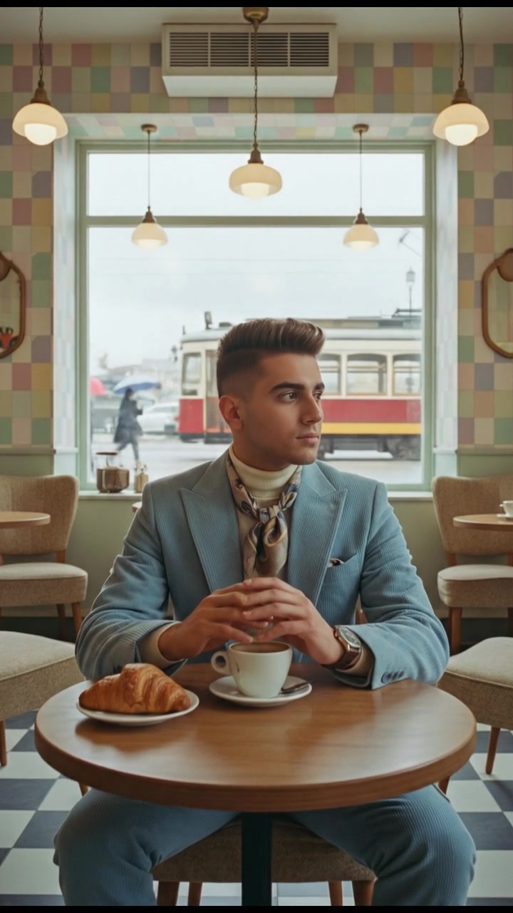 The Amir sitting alone in a cozy coffee shop, gazing thoughtfully out the window.