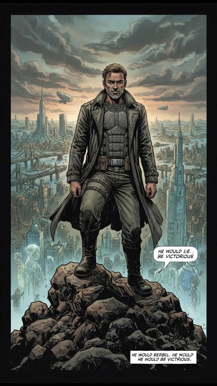 Raj standing on a hilltop, gazing at a vast landscape, envisioning a victorious future.