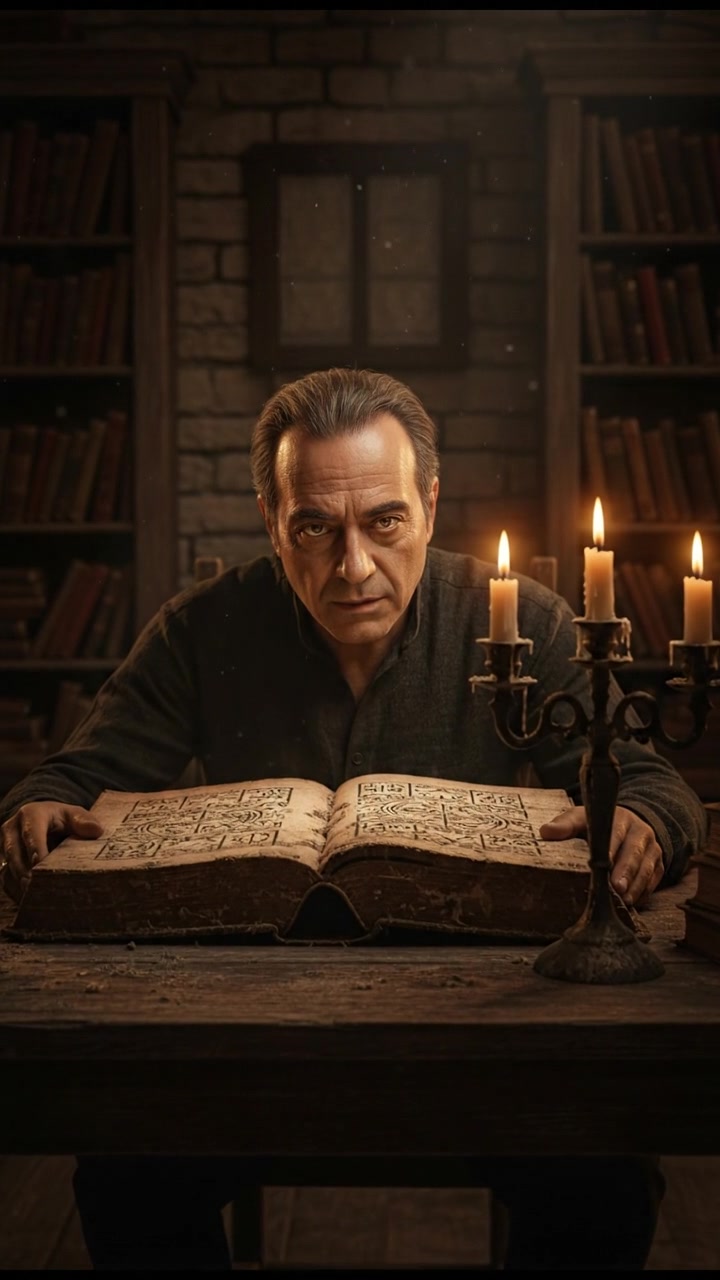 Omar sits at a wooden table, candlelight flickering as he consults a dusty old book filled with mystical symbols.