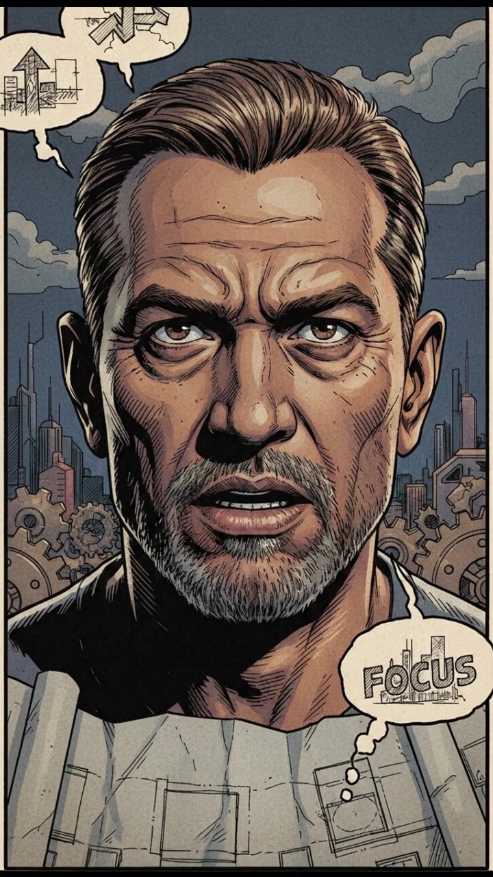 A close-up of Raj’s face, conveying a deep breath as he focuses on his goals.