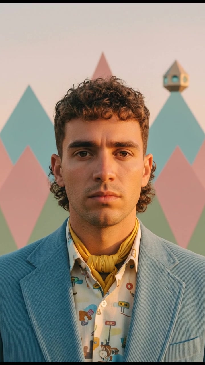 A close-up of Mateo standing strong, with a solemn expression against a landscape of mountains.