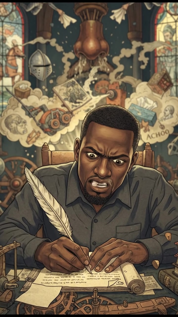 Isaiah writing notes on a notepad, deeply engrossed in thoughts about sneezing.