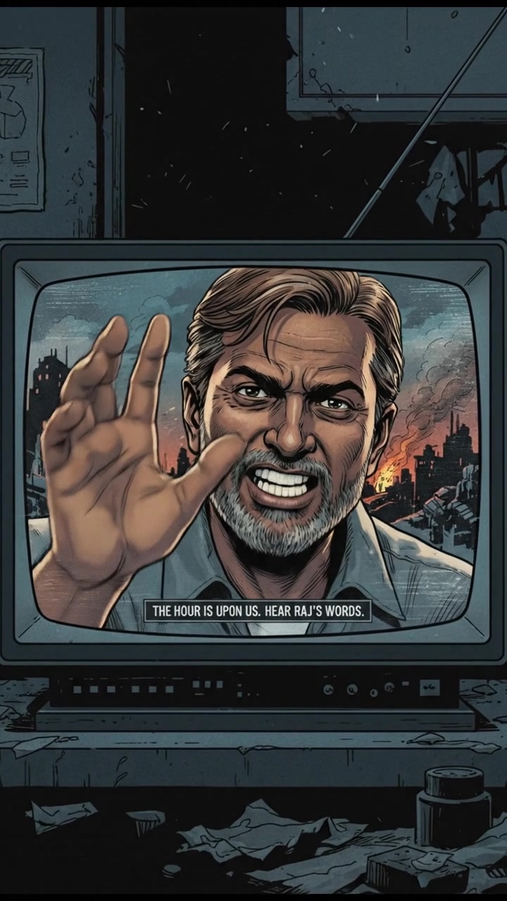 A close-up of the Raj on television, speaking passionately into the camera.