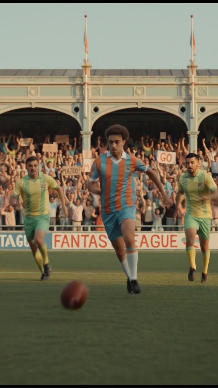 Mateo running along a football field, evading defenders, with fans cheering in the stands.