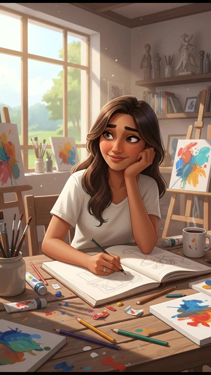 Priya sitting at a wooden table, surrounded by art supplies, sketching in a notebook with a relaxed expression.