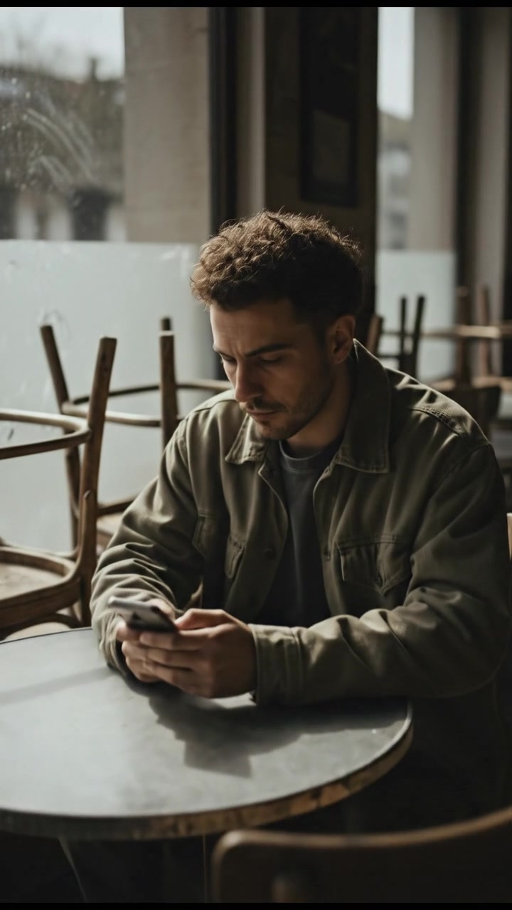 The Mateo sitting alone at a café table, staring at his phone, surrounded by empty chairs.