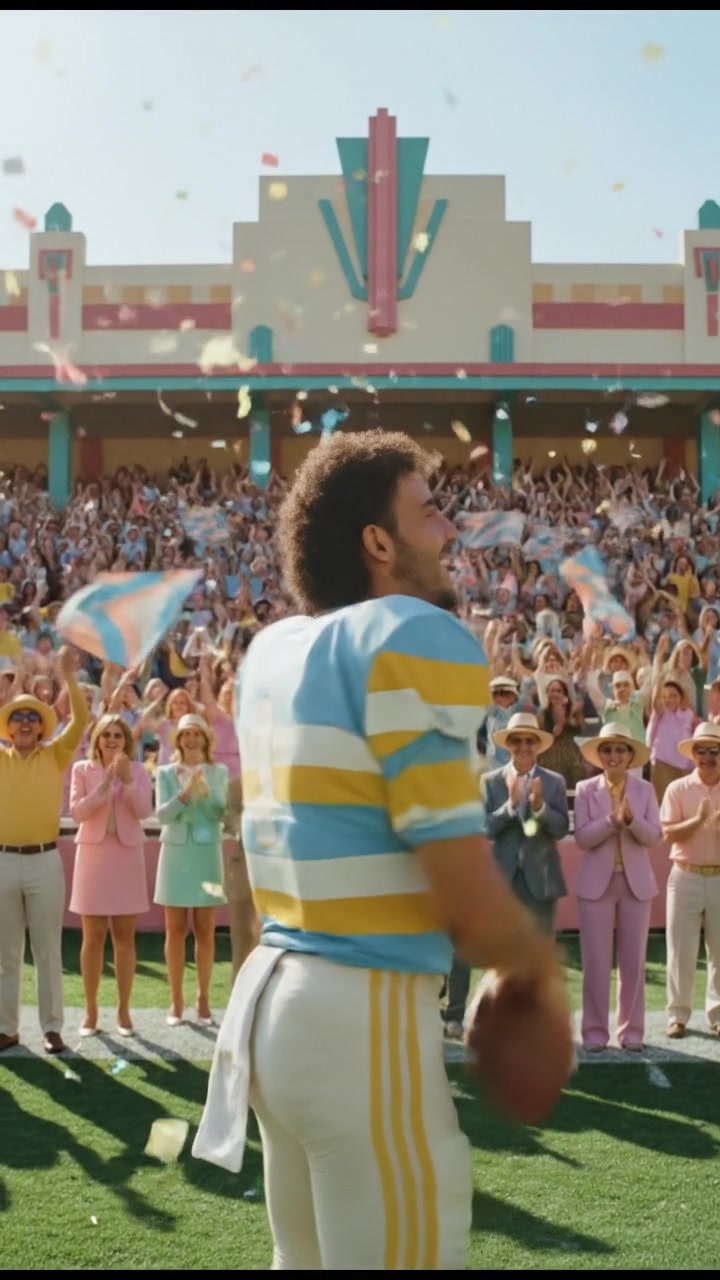 Mateo celebrating a touchdown, arms raised in triumph, with the crowd erupting in applause.