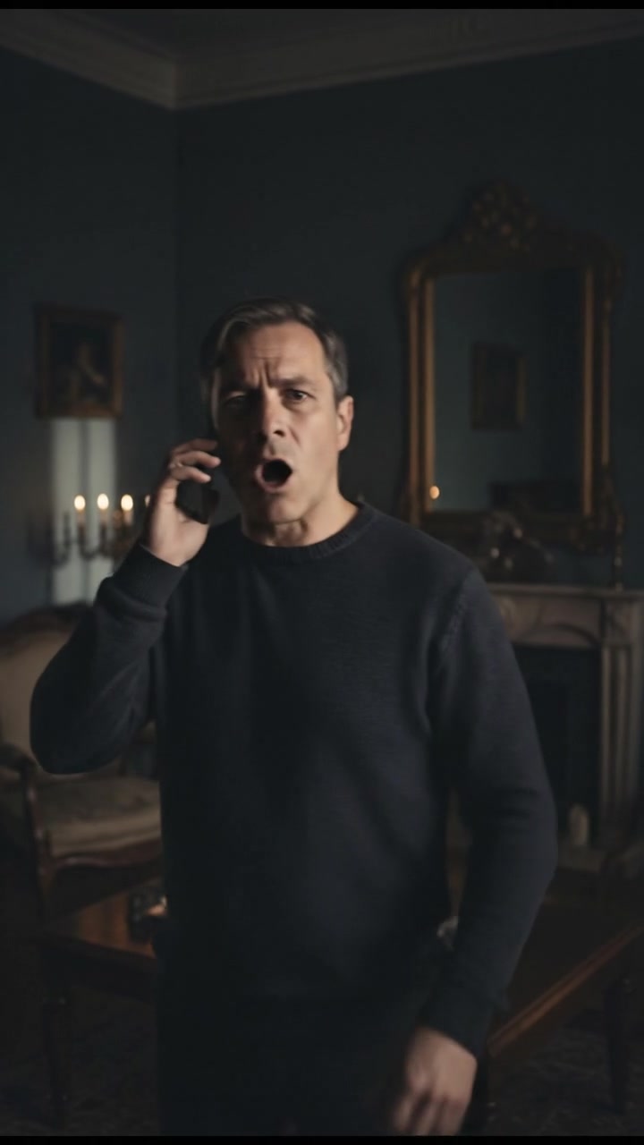 Omar standing in his living room, looking concerned while holding a phone to his ear.