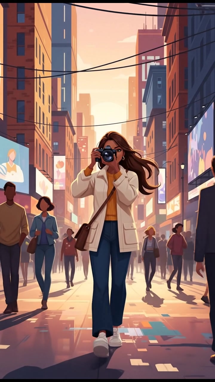 The Priya walking in a busy street, holding a camera, with buildings in the background.