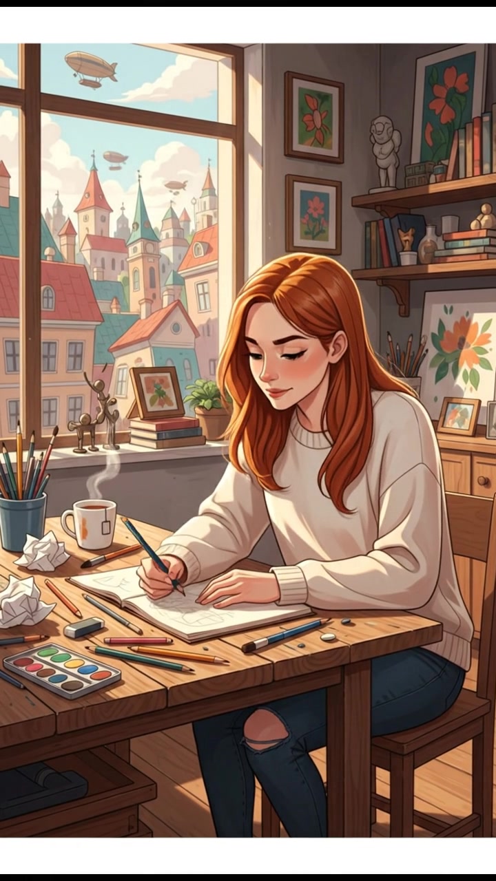 Emma sitting at a wooden table, drawing on a sketchpad with pencils and art supplies scattered around.