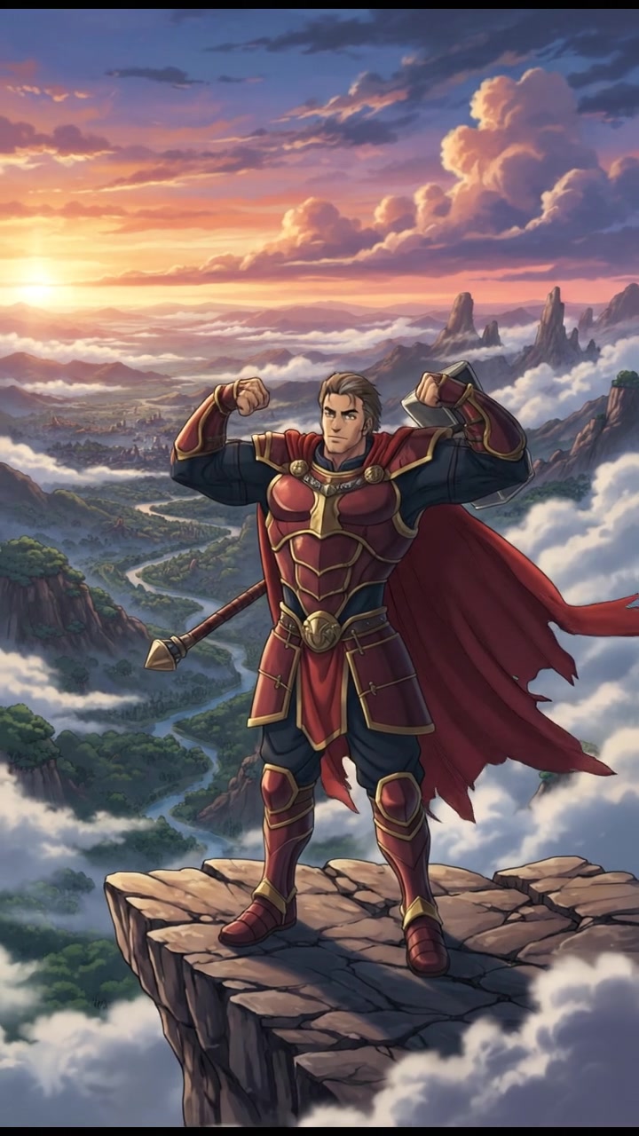 Omar, the giant warrior, standing confidently on a rocky cliff overlooking the valley.