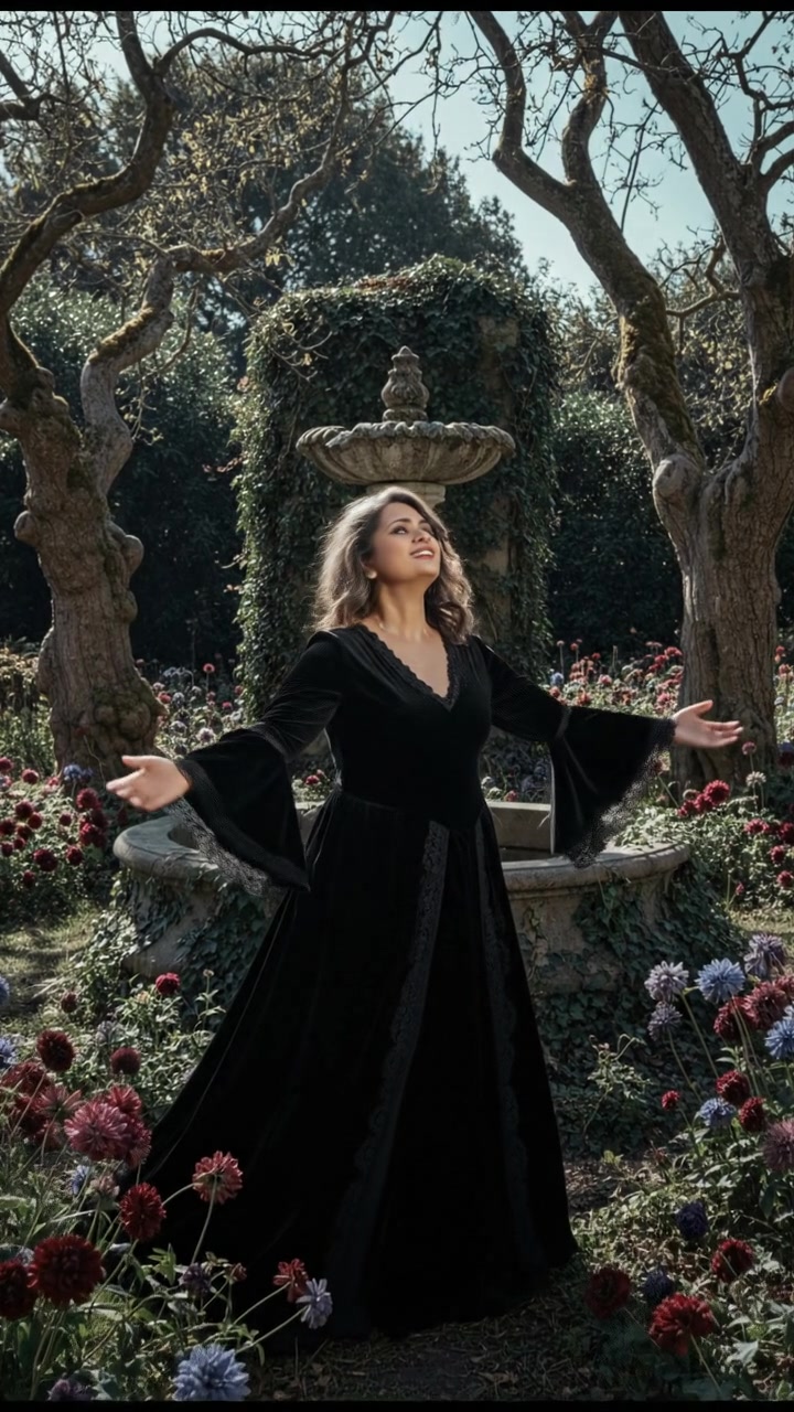 Asha standing confidently in a sunlit garden, surrounded by blooming flowers and tall trees.