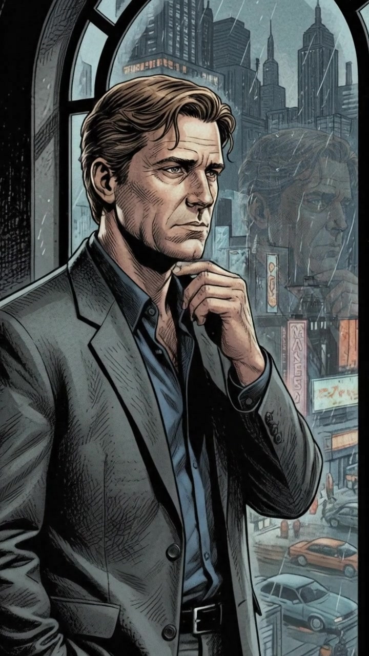 Mark gazing thoughtfully out of a window, staring at a bustling city below.